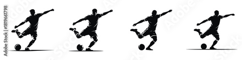 Soccer Player Kicking Ball Silhouette Vector Illustration Set – Football Athlete Shooting in Motion, Dynamic Sports Artwork Representing Power, Speed, Accuracy, and Team Game Concept