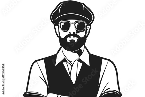 Bearded man wearing sunglasses and a cap stands with his arms crossed confidently