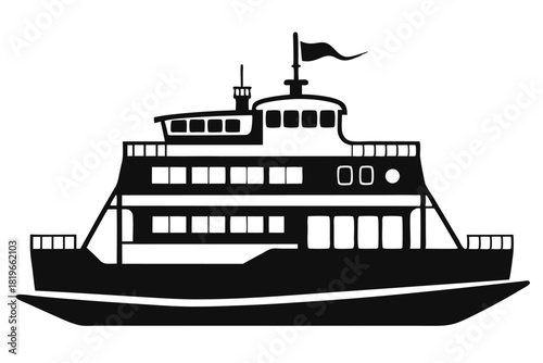 Ferry boat with flag, showing the classic vessel in solid black color
