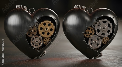 Mechanical hearts with gears inside, steampunk style, dark metal, intricate design