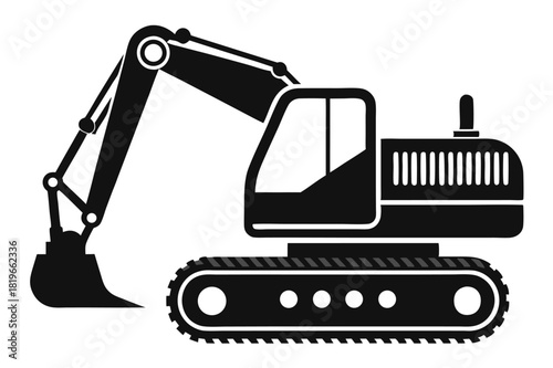 Black excavator with large scoop bucket and track wheels is shown on white