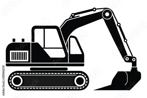 A heavy excavator machine is shown in a solid black color simple vector