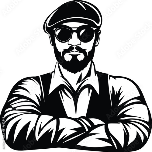 Bearded man with crossed arms, wearing sunglasses and a flat cap in black and white