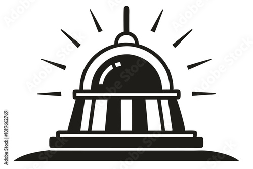 A monochrome graphical building silhouette radiates energy, showing simple structure, and design