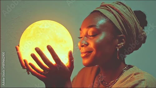African American woman holding glowing orb in retro futuristic sequence. Mystical interaction with luminous sphere evoking wonder and cosmic exploration.