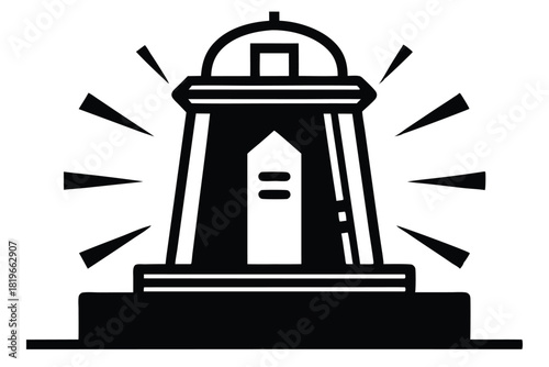 Black and white lighthouse icon emits light rays in all directions creating a symbol