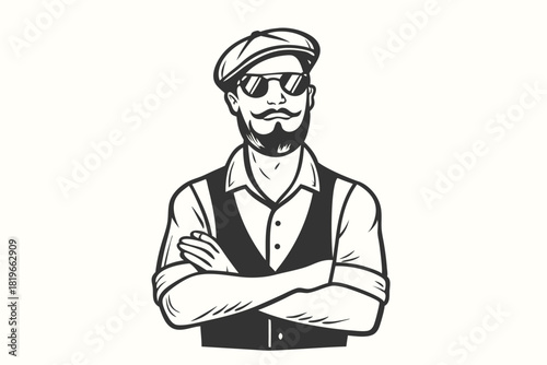 Bearded man with cap and sunglasses crosses his arms wearing a vest confidently