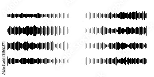 Sound wave podcast audio vector icon set with waveform and frequency lines. Soundwave music patterns for radio, microphone recording and voice signal. Line art equalizer graphics for media player