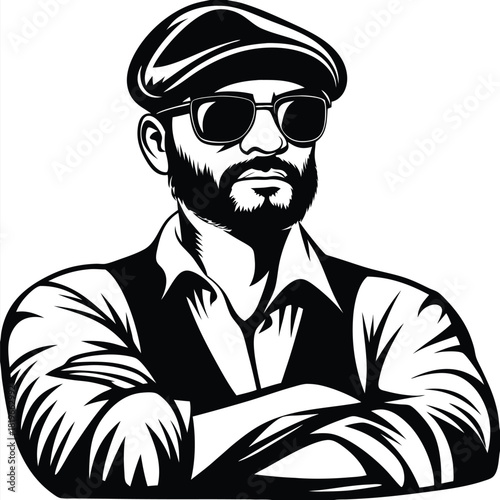 Bearded man in a cap and sunglasses confidently crosses his arms, showcasing solid style