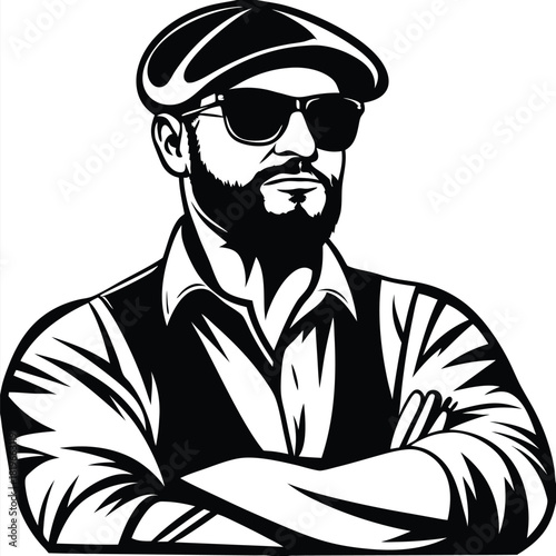 Bearded man with flat cap and sunglasses poses confidently with his arms crossed
