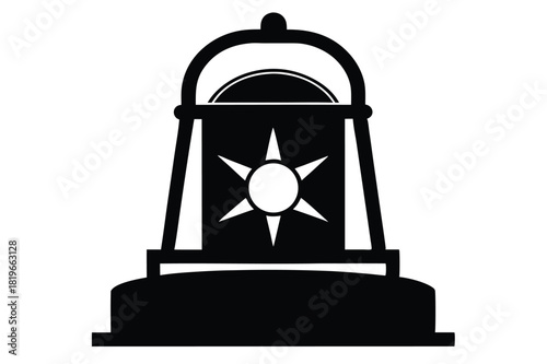 Black silhouette showcases an oldfashioned bell adorned with star bursts in the center