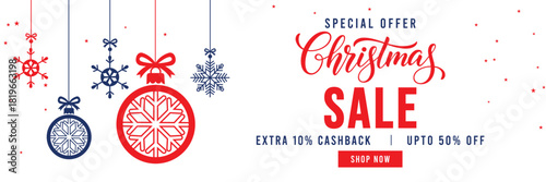 Christmas Sale banner with special offer text, cashback and discount percentages, and hanging red and blue snowflake ornaments and baubles. Ideal for seasonal marketing, holiday shopping, and web head