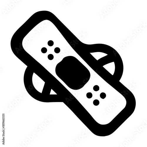 A simple black and white icon depicting a medical bandage or plaster, commonly used for minor injuries, cuts, or wounds, symbolizing first aid, healing, and care in a clean, minimalist graphic style
