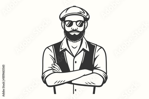 Bearded man wearing sunglasses and a flat cap stands confidently with arms crossed