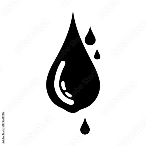 A stylized black silhouette of a single large water drop with several smaller drops falling around it, creating a simple yet impactful visual representation of liquid, rain, or fluid dynamics