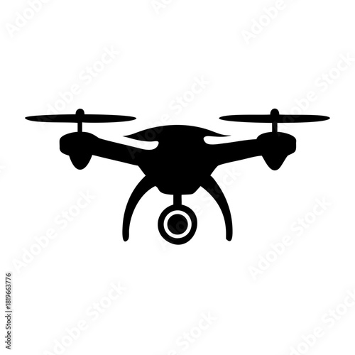 Black silhouette of a quadcopter drone with an integrated camera, representing modern aerial technology, remote sensing, and advanced photography capabilities
