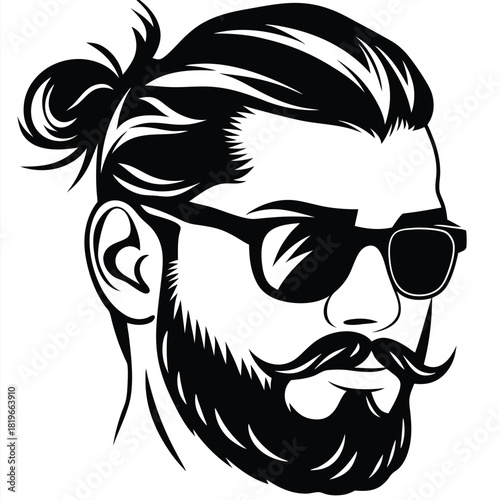 Bearded man with a top knot and sunglasses displays a bold, confident style in monochrome