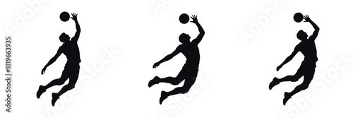 Volleyball Player Jumping and Spiking Silhouette Vector Illustration Set – Professional Athlete in Action Pose, Dynamic Sports Artwork Showing Power, Focus, Energy, and Team Spirit