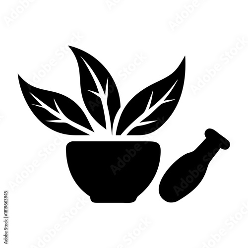 Herbal medicine preparation icon with fresh green leaves in a mortar and a pestle, symbolizing natural remedies, traditional healing, and alternative healthcare practices
