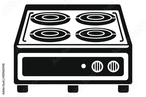 A minimalistic black and white stove displays four circular burners and front controls