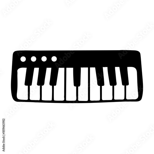Minimalist black icon of a digital piano or synthesizer keyboard, featuring musical keys and basic controls, presented on a clean