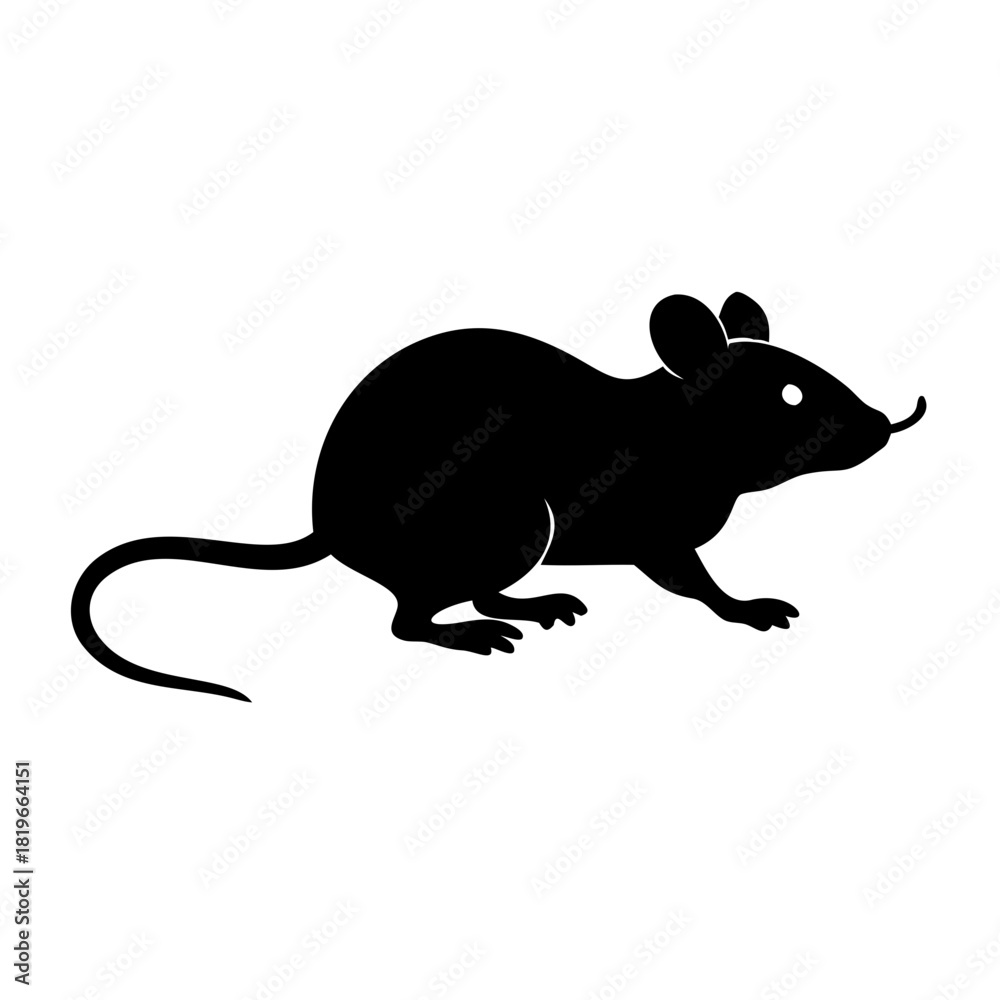Obraz premium Black silhouette of a small rodent, likely a mouse or rat, with a long tail and pointed snout, standing in profile