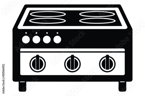 Black and white outline showcases a kitchen stove with burners and control knobs