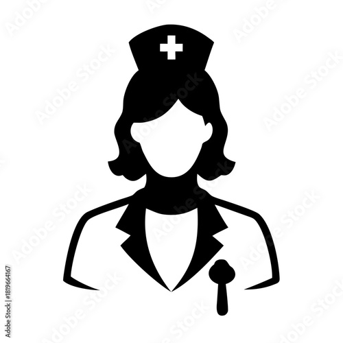 Black and white icon of a professional female nurse, representing healthcare, medical services, and hospital staff, depicted as a bust with a uniform and cap featuring a cross