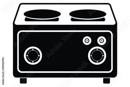 Isolated black and white electric cooker features two burners and control knobs