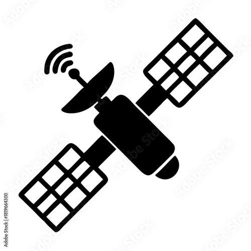 Stylized black and white vector icon of a communication satellite, featuring an antenna emitting a signal and solar panels, symbolizing global connectivity, space technology, and telecommunications