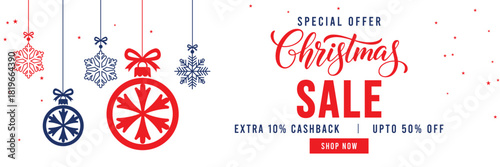 Christmas Sale banner with special offer text, cashback and discount percentages, and hanging red and blue snowflake ornaments and baubles. Ideal for seasonal marketing, holiday shopping, and web head
