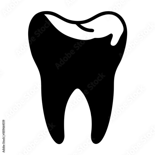 A simple black and white illustration of a human tooth, depicting its basic shape and structure with a subtle highlight, presented as a clean graphic element