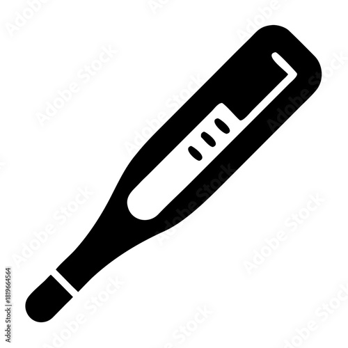 Digital thermometer icon, a simple black silhouette of a medical device used for measuring body temperature, often associated with health, fever, and illness