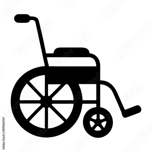 Black silhouette of a wheelchair, a medical device used for mobility and assistance for people with disabilities or injuries, providing support and independence
