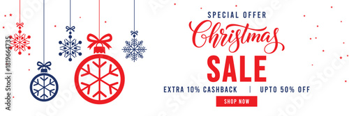 Christmas Sale banner with special offer text, cashback and discount percentages, and hanging red and blue snowflake ornaments and baubles. Ideal for seasonal marketing, holiday shopping, and web head