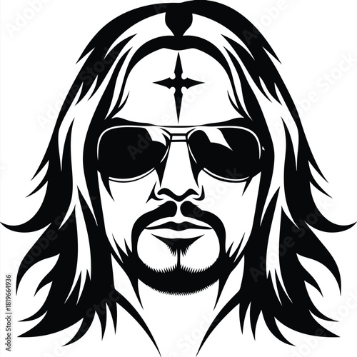 A stylized black and white headshot shows a man with long hair and sunglasses