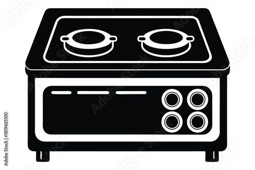 Solid black stovetop shows two burners above four round buttons neatly presented