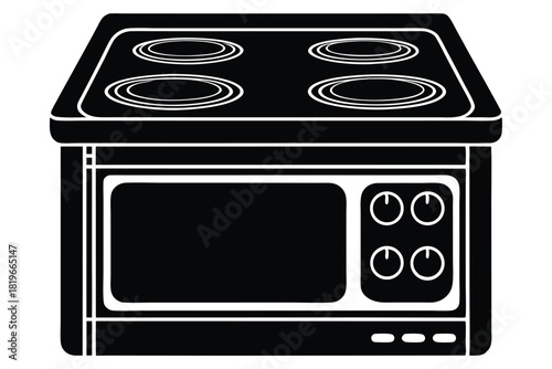 Black stove displays four burners and an oven with minimalist knob details