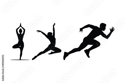 Silhouettes of a yoga pose dancer and a sprinter in motion