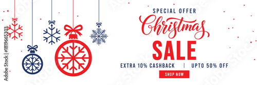 Christmas Sale banner with special offer text, cashback and discount percentages, and hanging red and blue snowflake ornaments and baubles. Ideal for seasonal marketing, holiday shopping, and web head