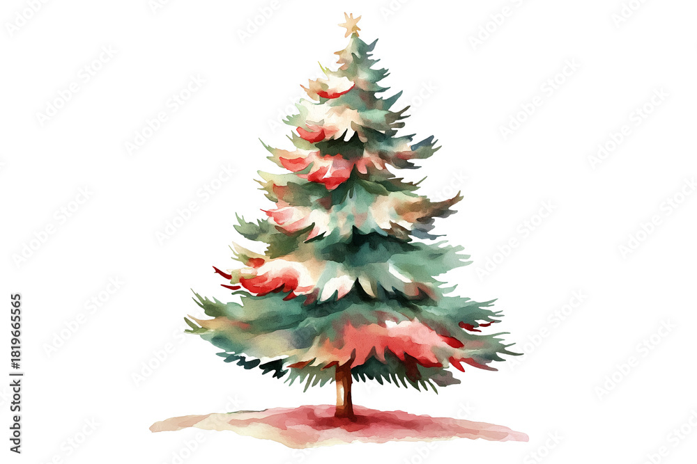 Fototapeta premium Muted Red and Green Watercolor Tree Isolated on Transparent Background