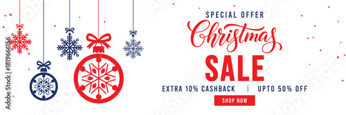 Christmas Sale banner with special offer text, cashback and discount percentages, and hanging red and blue snowflake ornaments and baubles. Ideal for seasonal marketing, holiday shopping, and web head