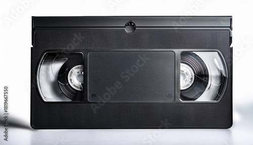 a black vhs tape with a textured surface and visible reels inside representing vintage media storage and playback technology