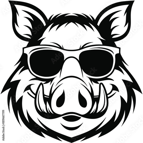 Bold boar face sports cool sunglasses in striking black and white monochrome