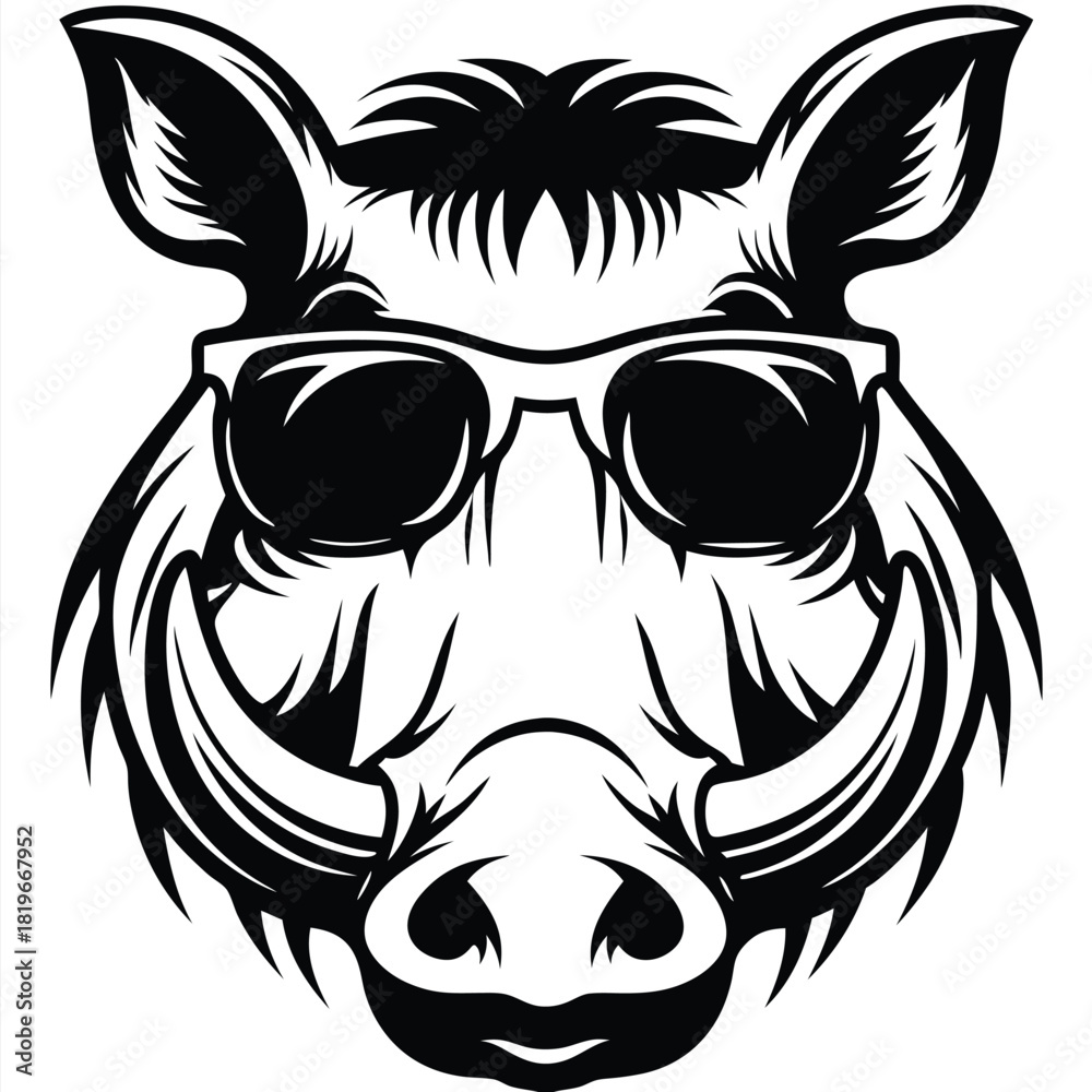 Obraz premium Boar head displays sunglasses, its tusks prominently curving in a monochrome emblem facing forward