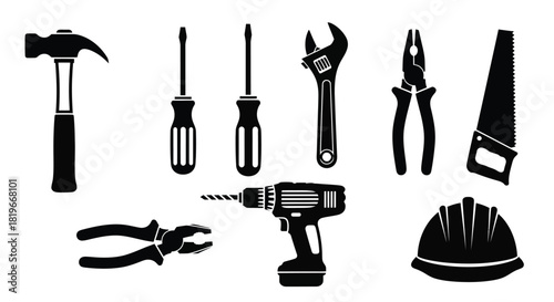 Collection of black silhouette tools including hammer drill and protective headwear