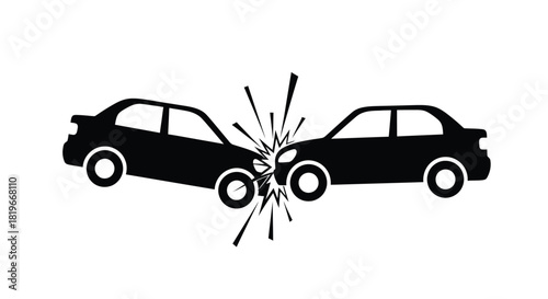 Two black sedan cars colliding head on with broken glass and impact sparks