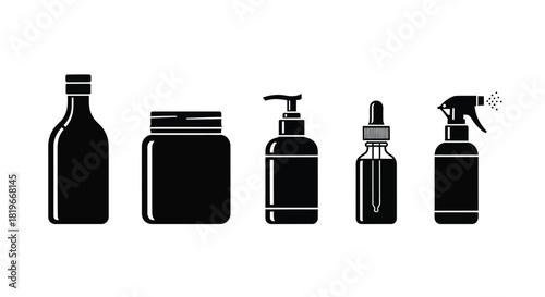 A collection of various black silhouette cosmetic and cleaning product bottles