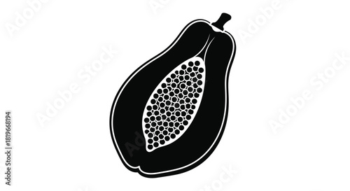 A black and white illustration depicting a halved papaya with visible seeds