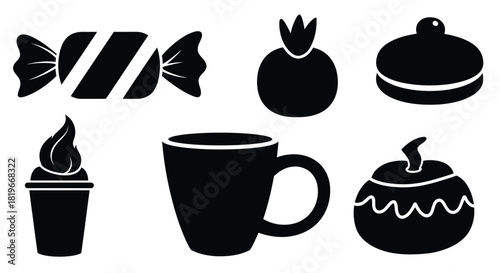 Black silhouette icons depicting various beverages and sweet food items
